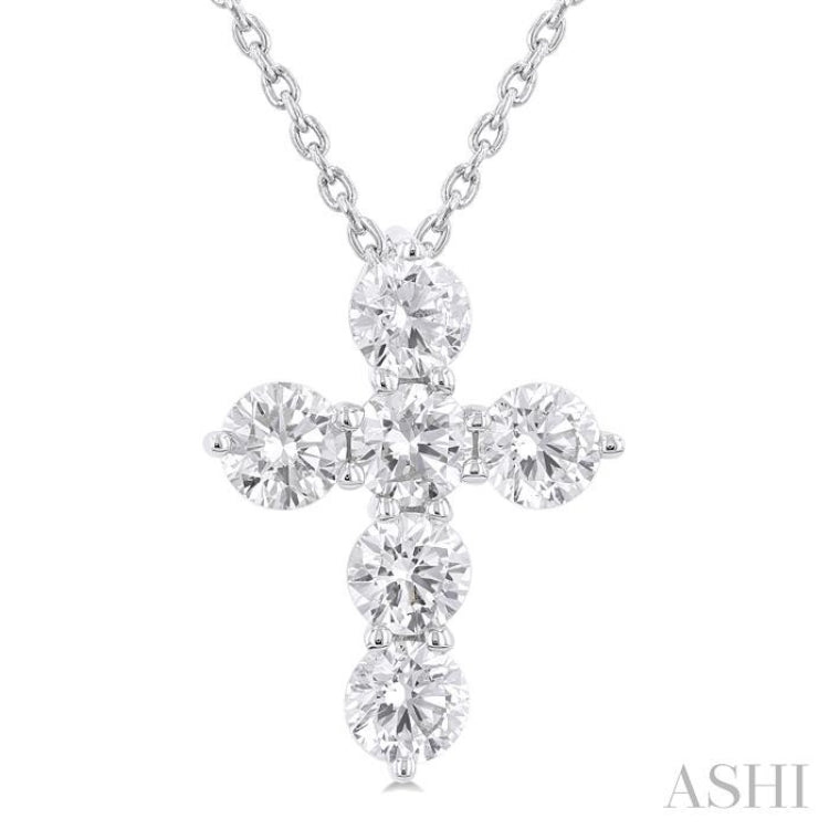 1.00 Ctw Round Cut Diamond Christian Cross 6-Stone Fashion Pendant With Chain in 14K White Gold