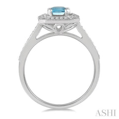 1/5 ctw Emerald Shape 7x5MM Aquamarine, Baguette and Round Cut Diamond Precious Ring in 14K White Gold