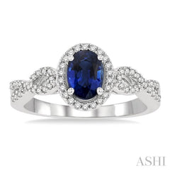 7x5 MM Oval Cut Sapphire and 1/5 ctw Twisted Split Shank Round Cut Diamond Precious Ring in 14K White Gold