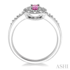 5x3 MM oval cut Pink Sapphire and 1/10 ctw Single Cut Diamond Ring in 14K White Gold.