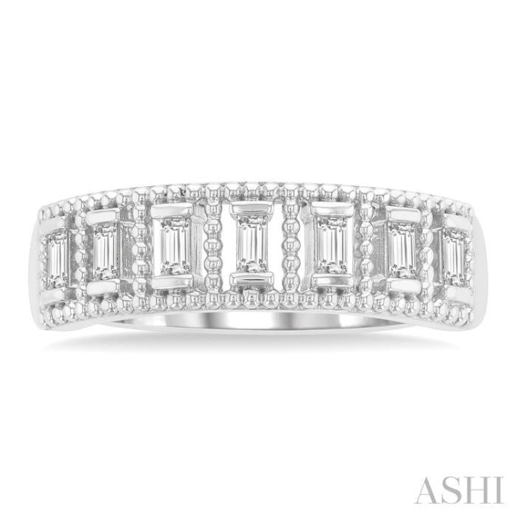 1/5 ctw Open Frame Ball Bead Border Baguette Cut Diamond Fashion Band in 14K White Gold