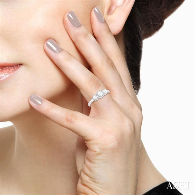 1/8 ctw Past, Present & Future 4MM & 3MM Cultured Pearl and Round Cut Diamond Halo Ring in 14K White Gold