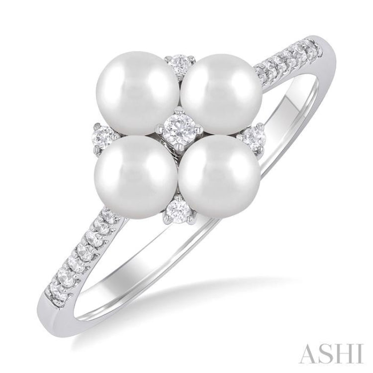 4 MM Floral Center Round Shape Cultured Pearl and 1/8 ctw Round Cut Diamond Fashion Ring in 10K White Gold