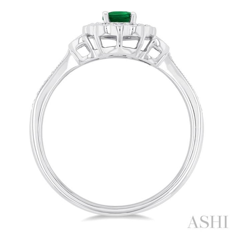 6X4 MM Oval Cut Emerald and 1/4 ctw Scalloped Halo Round Cut Diamond Precious Ring in 14K White Gold