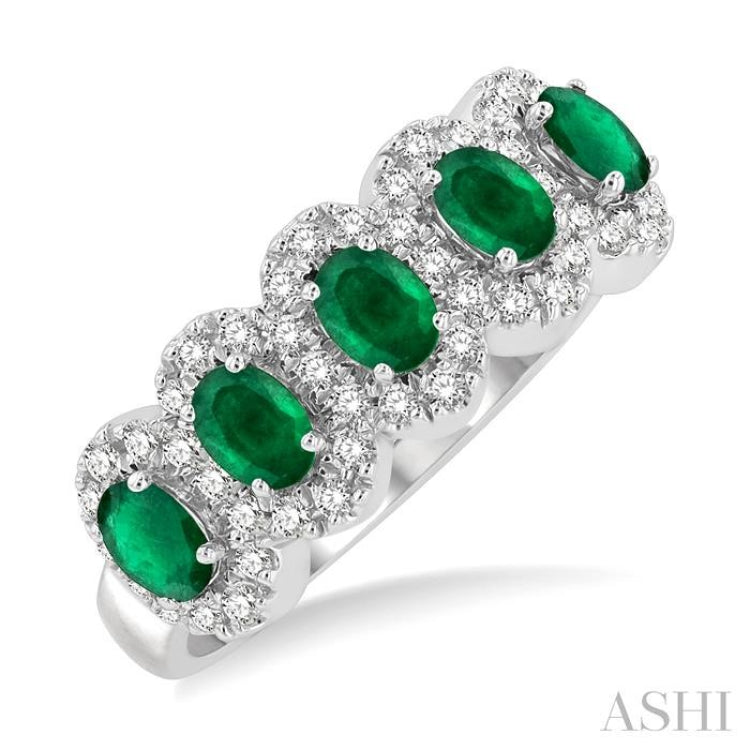 4x3 MM Oval Cut Emerald and 1/3 ctw Round Cut Diamond Precious Wedding Band in 14K White Gold