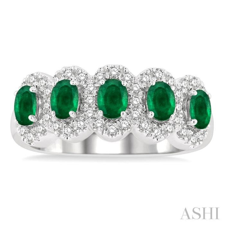 4x3 MM Oval Cut Emerald and 1/3 ctw Round Cut Diamond Precious Wedding Band in 14K White Gold
