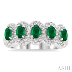 4x3 MM Oval Cut Emerald and 1/3 ctw Round Cut Diamond Precious Wedding Band in 14K White Gold