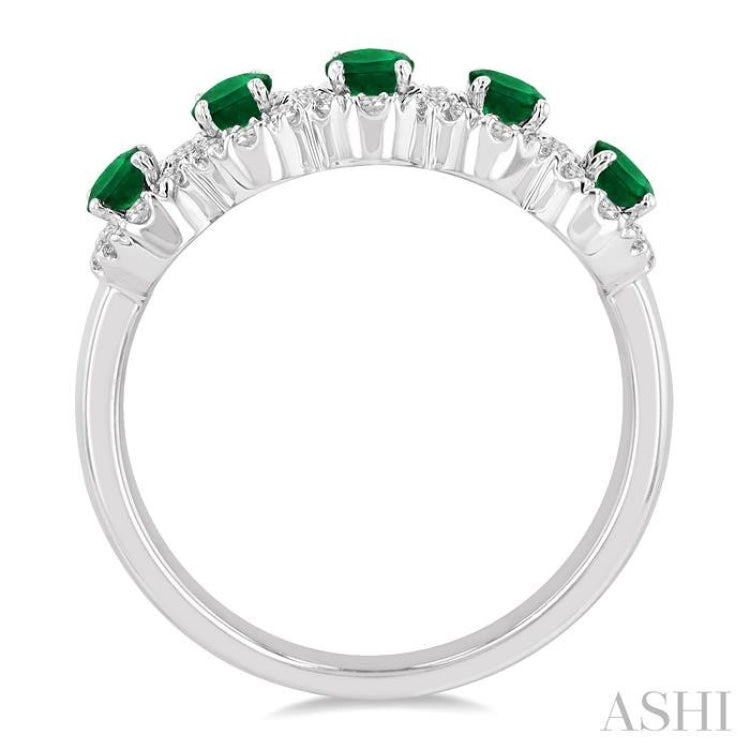 4x3 MM Oval Cut Emerald and 1/3 ctw Round Cut Diamond Precious Wedding Band in 14K White Gold