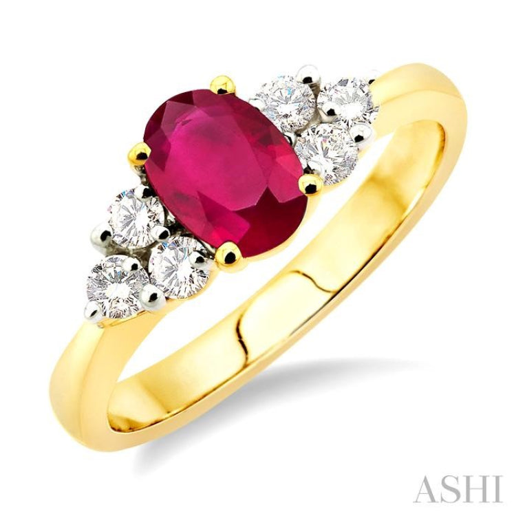 7x5mm Oval Cut Ruby and 1/3 ctw Round Cut Diamond Ring in 14K Yellow Gold