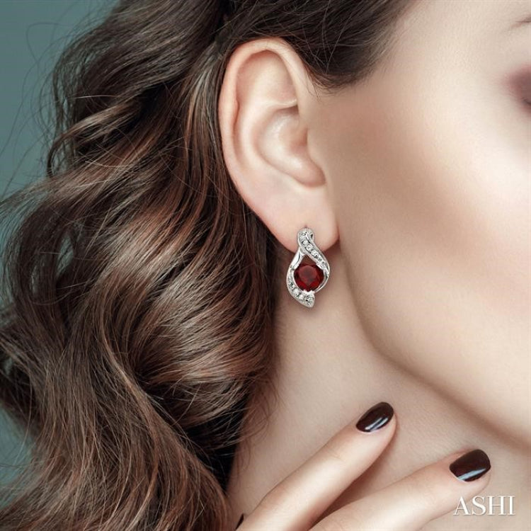 6x6 MM Heart Shape Garnet and 1/20 ctw Single Cut Diamond Semi-Precious Earrings in 14K White Gold
