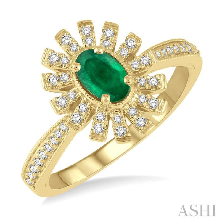 6x4 MM Floral Oval Shape Emerald and 1/5 ctw Round Cut Diamond Precious Ring in 10K Yellow Gold