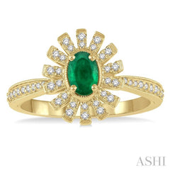 6x4 MM Floral Oval Shape Emerald and 1/5 ctw Round Cut Diamond Precious Ring in 10K Yellow Gold
