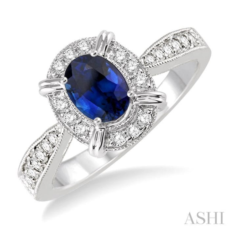 6x4 MM Oval Shape Sapphire and 1/6 ctw Single Cut Diamond Ring in 10K White Gold