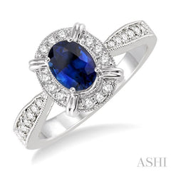 6x4 MM Oval Shape Sapphire and 1/6 ctw Single Cut Diamond Ring in 10K White Gold