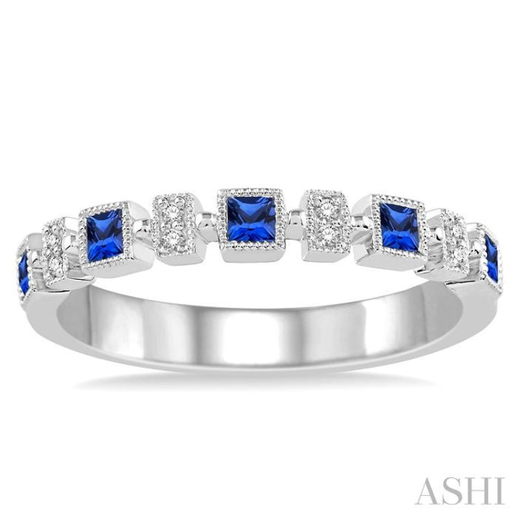 2 MM Princess Shape Sapphire and 1/50 ctw Round Diamond Precious Stone Wedding Band in 14K White Gold
