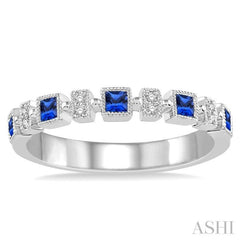 2 MM Princess Shape Sapphire and 1/50 ctw Round Diamond Precious Stone Wedding Band in 14K White Gold