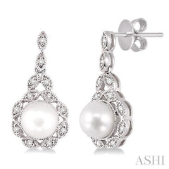 6X6 MM Round Shape Cultured Pearl and 1/8 ctw Cutwork Marquise Round Cut Diamond Fashion Earring in 10K White Gold