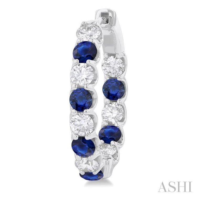 3.1 MM Sapphire and 1 5/8 ctw Round Cut Inside-Out Diamond Precious Hoop Earrings in 14K White Gold