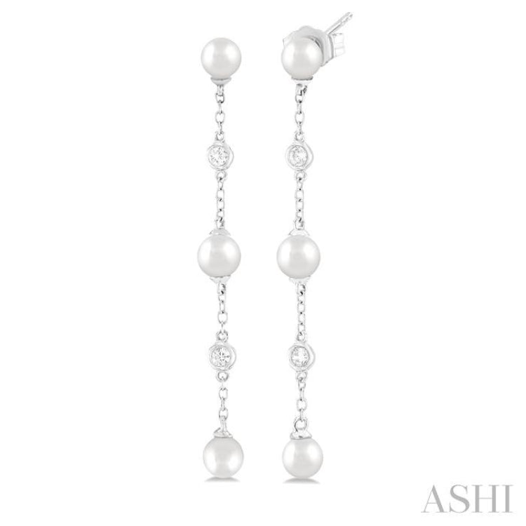 4 MM Round Shape Cultured Pearl and 1/20 Ctw Round Cut Diamond Station Long Earrings in 14K White Gold