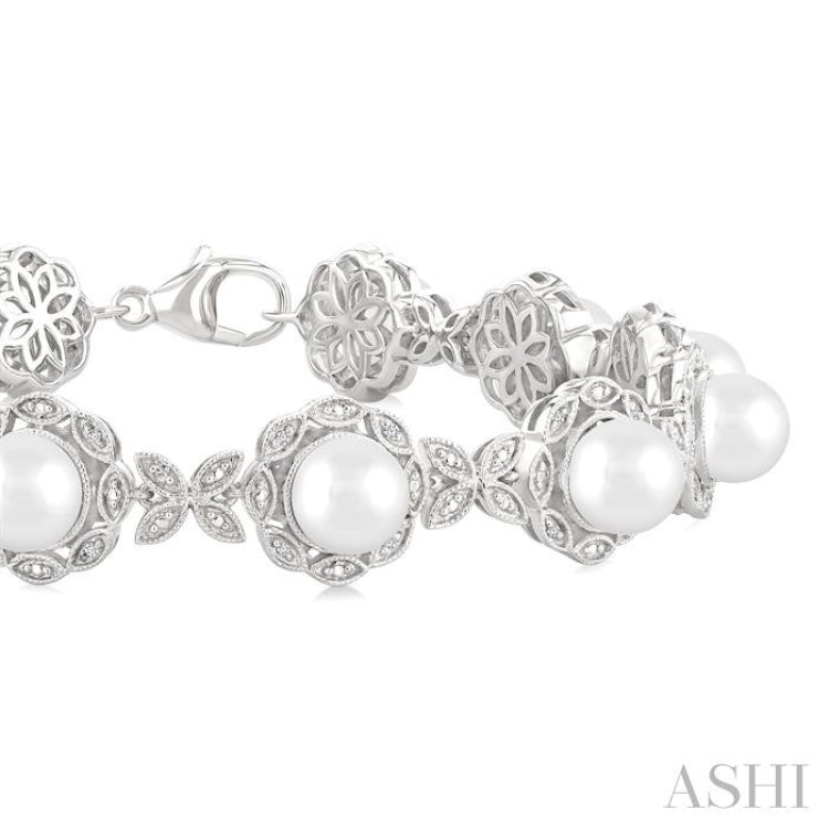 6 MM Cultured Pearl and 1/6 Ctw Single Cut Diamond Bracelet in Sterling Silver