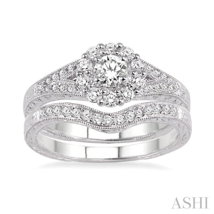 3/4 Ctw Diamond Wedding Set with 5/8 Ctw Round Cut Engagement Ring and 1/6 Ctw Wedding Band in 14K White Gold