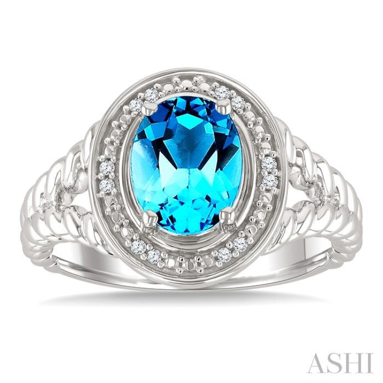 9x7 MM Oval Shape Blue Topaz and 1/20 Ctw Round Cut Diamond Semi-precious Ring in Sterling Silver