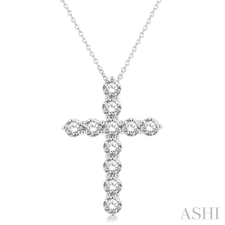 3.00 Ctw Round Cut Diamond Cross Pendant in 14K White Gold with Chain
