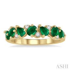 4x3 MM Pear and Oval Shape Emerald and 1/10 Ctw Round Cut Diamond Precious Band in 14K Yellow Gold