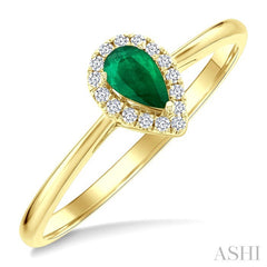 5x3 MM Pear Shape Emerald and 1/20 Ctw Round Cut Diamond Halo Precious Ring in 10K Yellow Gold