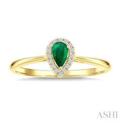 5x3 MM Pear Shape Emerald and 1/20 Ctw Round Cut Diamond Halo Precious Ring in 10K Yellow Gold