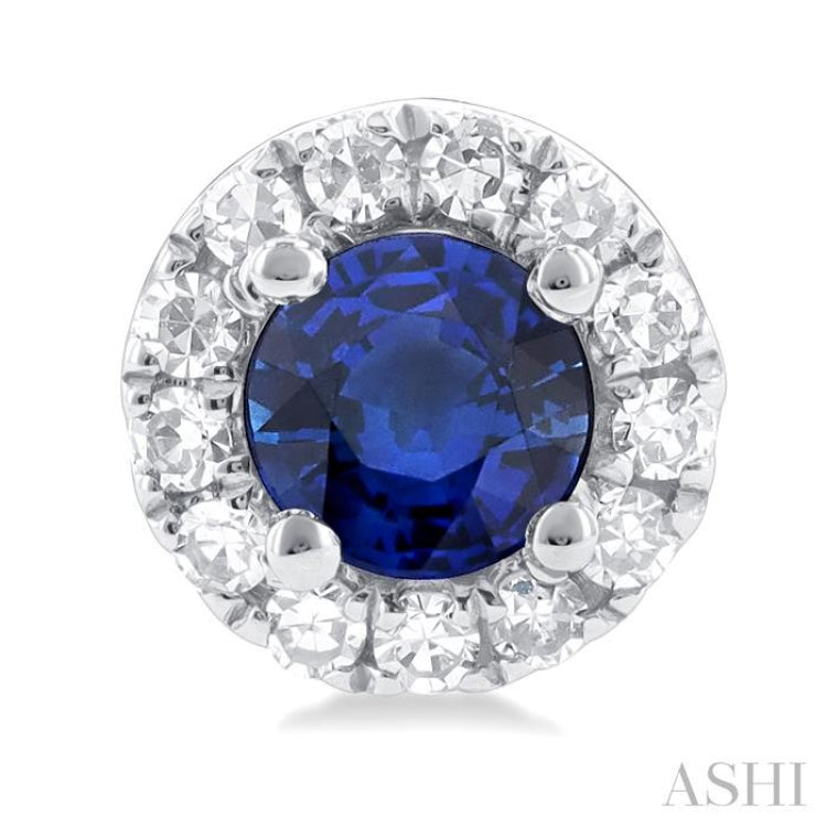 3.25 MM Round Sapphire and 1/10 Ctw Single Cut Diamond Halo Precious Stud Earrings in 14K White Gold