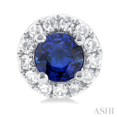 3.25 MM Round Sapphire and 1/10 Ctw Single Cut Diamond Halo Precious Stud Earrings in 14K White Gold