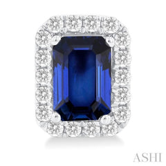 6x4 MM Octagonal Shape Sapphire and 1/4 Ctw Round Cut Diamond Halo Precious Stud Earrings in 10K White Gold