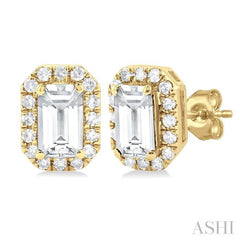5x3 MM Octagonal Shape White Topaz and 1/8 Ctw Single Cut Diamond Halo Semi-Precious Stud Earrings in 14K Yellow Gold
