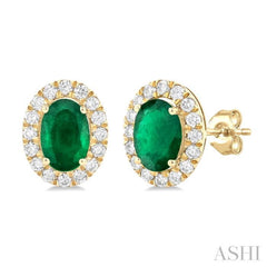 6x4 MM Oval Shape Emerald and 1/4 Ctw Round Cut Diamond Halo Precious Stud Earrings in 14K Yellow Gold