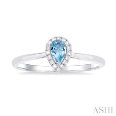 5x3 MM Pear Shape Aquamarine and 1/20 Ctw Single Cut Diamond Halo Semi-Precious Ring in 14K White Gold