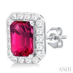 6x4 MM Octagonal Shape Pink Tourmaline and 1/4 Ctw Round Cut Diamond Halo Semi-Precious Stud Earrings in 14K White Gold