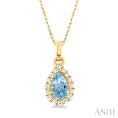 5x3 MM Pear Shape Aquamarine and 1/20 Ctw Single Cut Diamond Halo Semi-Precious Pendant with Chain in 14K Yellow Gold