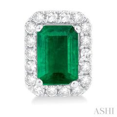 6x4 MM Octagonal Shape Emerald and 1/4 Ctw Round Cut Diamond Halo Precious Stud Earrings in 14K White Gold