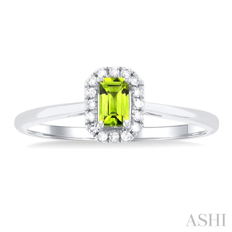 5x3 MM Octagonal Shape Peridot and 1/20 Ctw Single Cut Diamond Halo Semi-Precious Ring in 14K White Gold