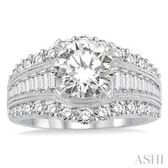 1 1/2 Ctw Baguette and Round Cut Diamond Round Shape Semi-Mount Engagement Ring in 14K White Gold