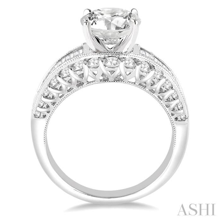 1 1/2 Ctw Baguette and Round Cut Diamond Round Shape Semi-Mount Engagement Ring in 14K White Gold