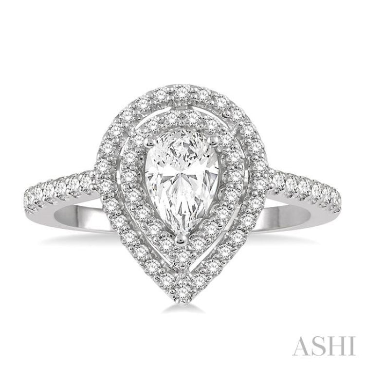 1/2 Ctw Pear Shape Engagement Ring with 1/4 Ct Pear Cut Center Stone in 14K White Gold