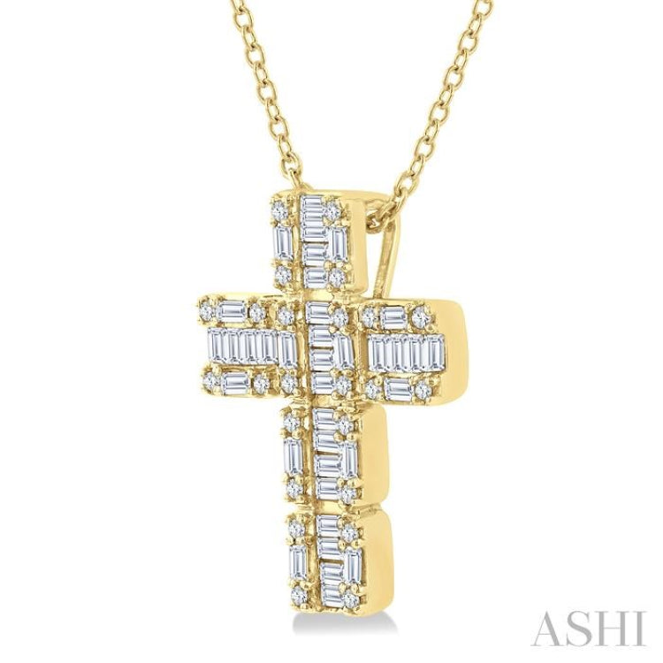 1/2 Ctw Fusion Baguette and Round Cut Diamond Cross Fashion Pendant With Chain in 14K Yellow Gold