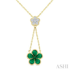 4x3 MM Pear Cut & 1.8 MM Round Emerald and 1/5 Ctw Round Cut Diamond Floral Blossom Precious Necklace in 14K Yellow Gold