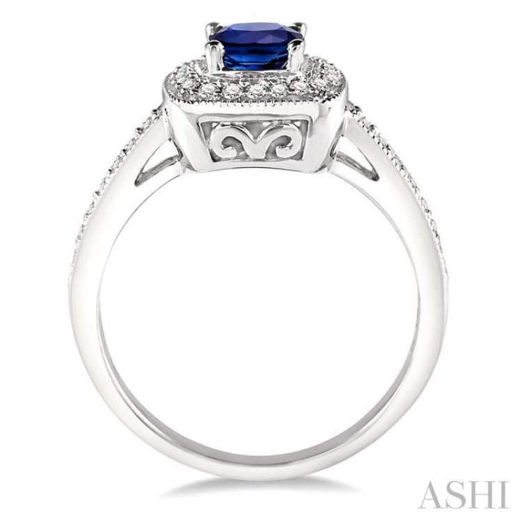 5x5 MM Cushion Shape Sapphire and 1/4 Ctw Round Cut Diamond Ring in 14K White Gold