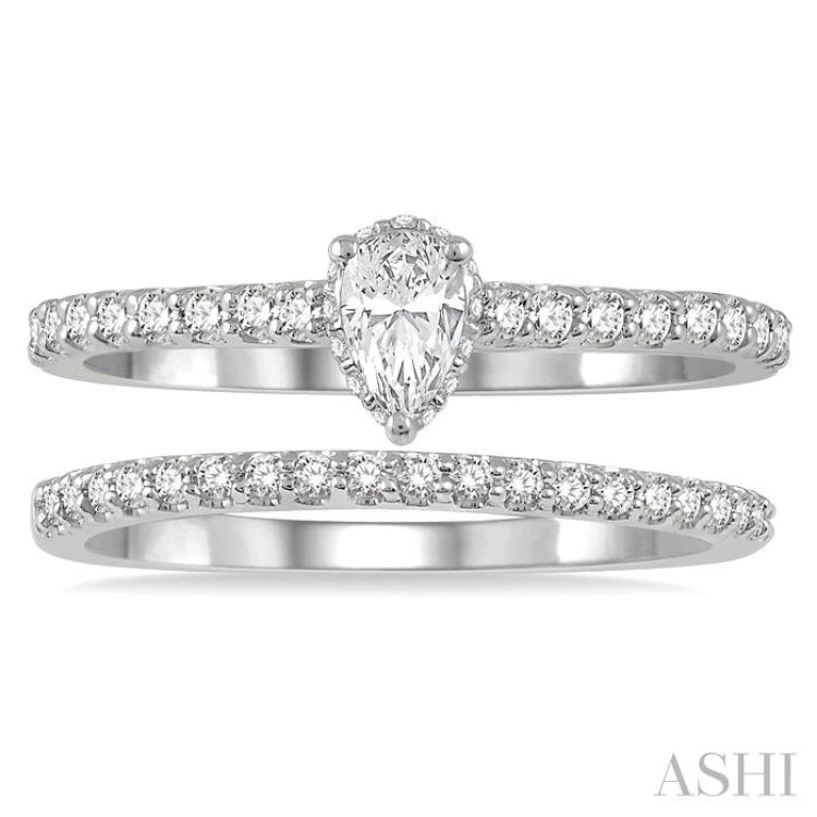 3/4 Ctw Diamond Wedding Set With 5/8 Ct Pear Cut Diamond Engagement Ring and 1/6 Ct Wedding Band in 14K White Gold