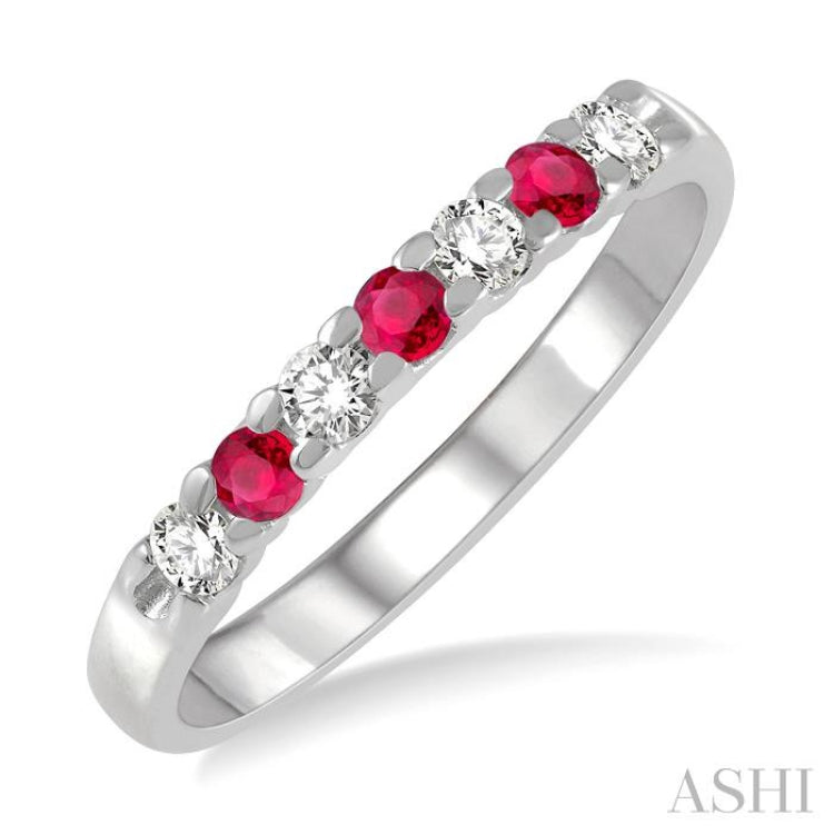 2.3 MM Ruby and 1/5 Ctw Round Cut Diamond Precious Wedding Band in 14K White Gold