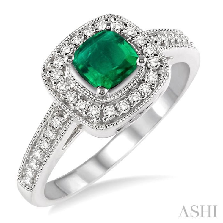 5x5 MM Cushion Shape Emerald and 1/4 Ctw Round Cut Diamond Ring in 14K White Gold