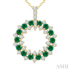 2.5 MM Round Shape Emerald and 3/4 Ctw Round Cut Diamond Triple Row Circle Precious Pendant With Chain in 14K Yellow Gold